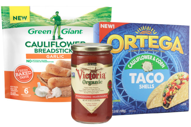 B&G食品产品-绿巨人花椰菜面包条，奥特加花椰菜玉米卷壳和维多利亚意大利面酱