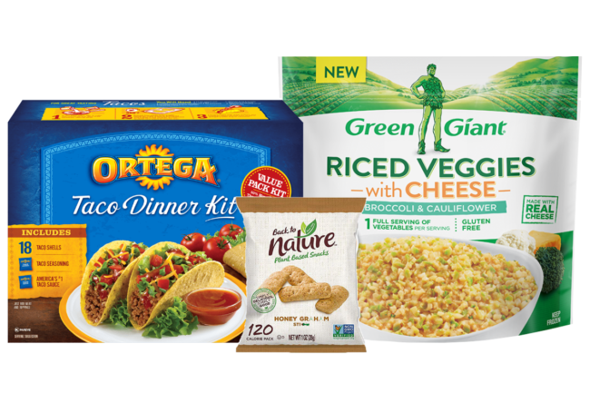 奥尔特加玉米饼壳、回归自然零食和B&G食品公司的绿色巨人米花椰菜
