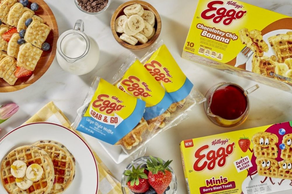 Eggo香草豆华夫饼，Eggo巧克力片香蕉华夫饼和Eggo浆果爆炸迷你吐司华夫饼